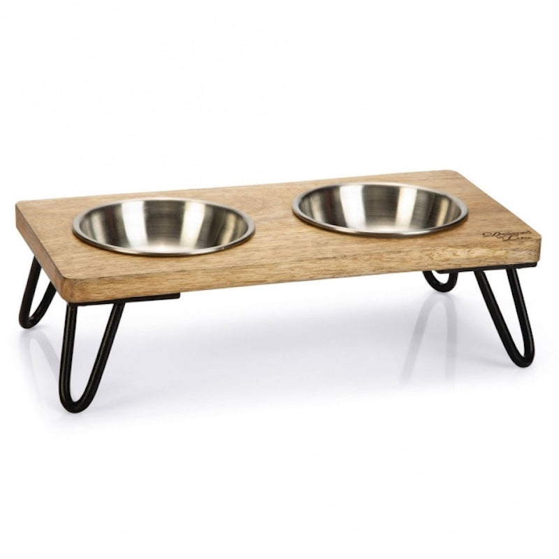 Napfständer Linga aus Mangoholz mit Edelstahlnäpfen für Katzen