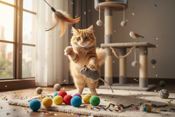 erstelle mir ein bild Katze spielt mit Spielzeuge Aktivitäten 