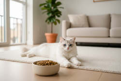 Fotorealistisches, hochwertiges Lifestyle-Foto für einen Premium-Onlineshop für Katzenbedarf.
Eine einzelne weiße Ragdoll-Katze mit klaren blauen Augen, ruhig und entspannt liegend auf dem Boden, Vorderpfoten locker ausgestreckt.
Vor der Katze steht ein schlichter, matter Keramik-Futternapf mit hochwertigem Katzenfutter, dezent im Vordergrund.
Heller, moderner Wohnraum im skandinavischen Stil: creme, beige, helles Holz, weicher Teppich, natürliche Zimmerpflanzen im Hintergrund.
Warmes Tageslicht von der Sei