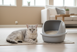 Fotorealistisches Innenraumfoto für einen Onlineshop (Kategorie „Toiletten & Streu“).
Eine silber-graue British Shorthair Katze liegt entspannt auf dem Boden neben einer modernen Katzentoilette.
Die Katzentoilette ist offen, das Katzenstreu im Inneren ist klar sichtbar (feines, helles Streu).
Kein Futternapf, kein Wasser, kein Futter, keine Näpfe, keine Snacks, keine Essenssituation.
Heller, moderner Wohnraum im skandinavischen Stil, neutrale Beige- und Cremetöne, weiches Tageslicht.
Die Katze liegt ruhig s