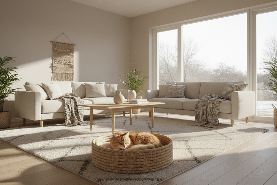 Helles, ruhiges Wohnzimmer im skandinavischen Stil. Eine entspannte Katze schläft in einem schlichten, hochwertigen Katzenbett. Warme Naturtöne (Beige, Creme, helles Holz), weiche Textilien, sanftes Tageslicht. Minimalistisch, ruhig, harmonisch, wohnlich, modern, realistisch, kein Spielzeuglook.