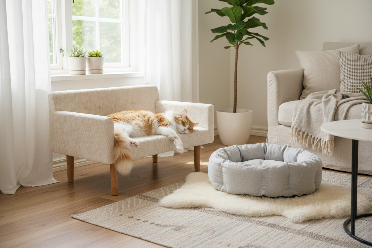 Hochwertiges Kategorie-Bild für Onlineshop. Thema: Betten & Sofas für Katzen. Ruhige, helle Wohnraumszene im skandinavischen Stil. Eine entspannte Katze liegt bequem auf einem modernen Katzenbett oder Katzensofa, integriert in ein stilvolles Wohnzimmer. Natürliche Materialien wie Holz, Stoff, Leinen. Farbpalette: Creme, Beige, helles Grau, dezente Grünpflanzen. Weiches Tageslicht, ruhige Atmosphäre, aufgeräumt, minimalistisch. Fokus auf Komfort und Harmonie zwischen Katze und Zuhause. Keine Menschen, kein T