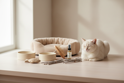 Hochwertiges, minimalistisches Produktfoto eines Katzen-Sets.
Mehrere aufeinander abgestimmte Katzenprodukte als Bundle arrangiert (z. B. Pflegeprodukte, Spielzeug oder Erstausstattung), sauber auf einem hellen Tisch platziert. Eine ruhige, natürliche Katze sitzt oder liegt entspannt daneben, nicht im Vordergrund. Heller, neutraler Hintergrund in Creme-/Beigetönen, weiches Tageslicht, keine harten Schatten. Skandinavischer Stil, modern, hochwertig, ruhig. Keine Texte, keine Logos, keine Menschen, keine Unor