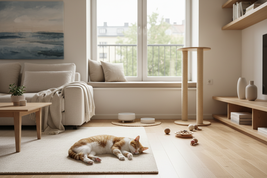 Hochwertiges, realistisches Lifestyle-Foto eines ruhigen Alltags mit einer Katze in einer modernen, katzenfreundlichen Wohnung. Eine Katze liegt entspannt auf einem Teppich oder Fensterplatz, im Hintergrund dezente Alltagsdetails wie Napf, Kratzbaum oder Spielzeug. Helle, natürliche Farben wie Creme, Beige, warmes Holz, weiches Tageslicht, aufgeräumte Atmosphäre, minimalistisch, skandinavischer Stil, professionelles Interior-Fotografie-Feeling, ruhig, hochwertig, nicht verspielt, keine Textoverlays, kein Co