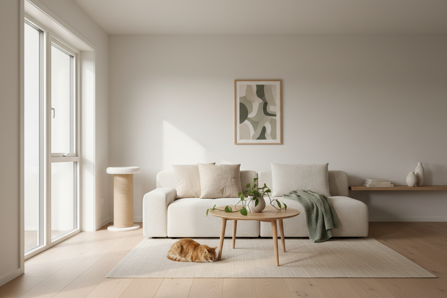 Hochwertiges, ruhiges Lifestyle-Foto einer modernen, katzenfreundlichen Wohnung.
Helle natürliche Farben wie Creme, Beige und sanftes Grün.
Eine entspannte Katze sitzt oder liegt dezent im Raum, nicht im Fokus der Kamera.
Minimalistisches Interior, skandinavischer Stil, viel Tageslicht, warme Atmosphäre.
Keine Menschen, keine Produkte im Vordergrund, keine Texte, keine Icons.
Realistische Fotografie, natürliches Licht, professioneller Look, ruhig und hochwertig.
Geeignet für eine Community- und Inspirations