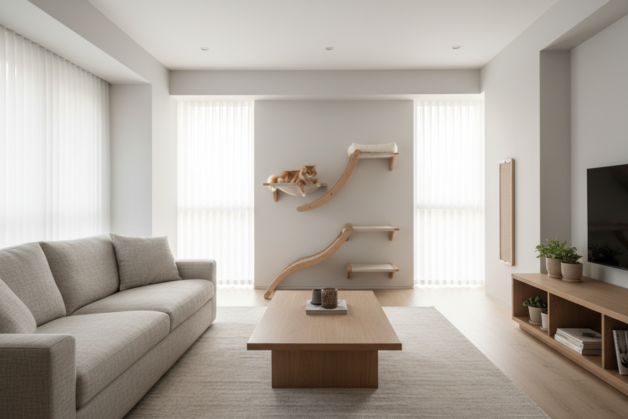 Katzenfreundlicher Wohnraum mit Fokus auf Ergonomie und Wohlbefinden der Katze. Katze nutzt Produkt natürlich und entspannt. Sanfte Farben, natürliche Materialien, funktional und komfortabel. Modernes, minimalistisches Zuhause, realistisch, ruhig, hochwertig, katzengerecht ohne Übertreibung.