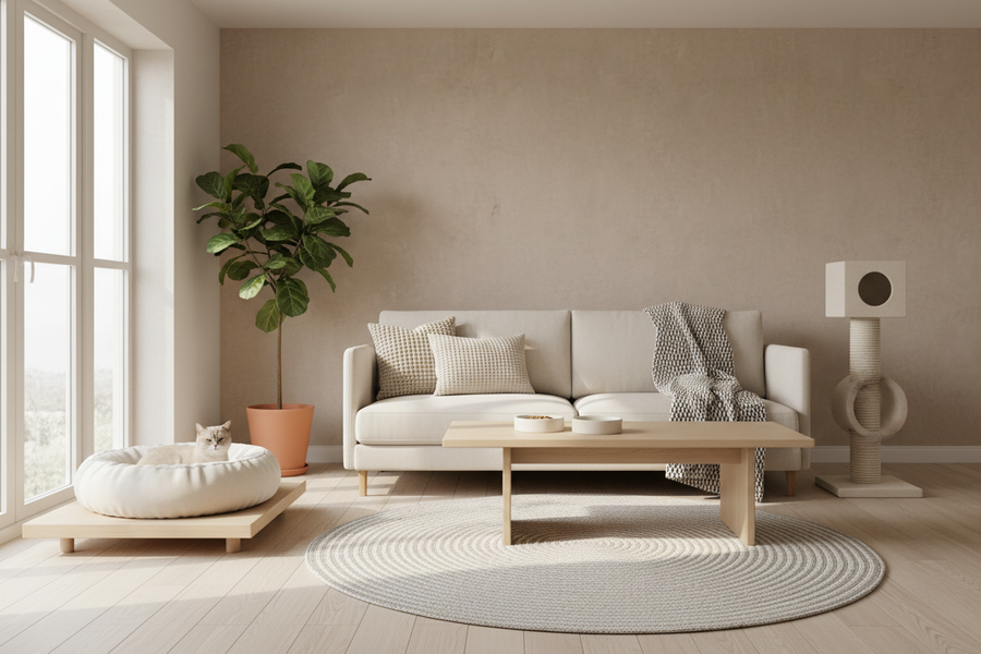 Minimalistisches, helles Wohnzimmer im skandinavischen Stil. Eine Katze nutzt alltagstaugliche Katzenprodukte wie Napf, Kratzmöbel oder Liegefläche ganz selbstverständlich im Raum. Natürliche Farben (Beige, Creme, helles Holz), ruhige Atmosphäre, funktionales Design, aufgeräumt, weich natürliches Tageslicht. Modern, hochwertig, realistisch, wohnlich, nicht verspielt, keine knalligen Farben.
