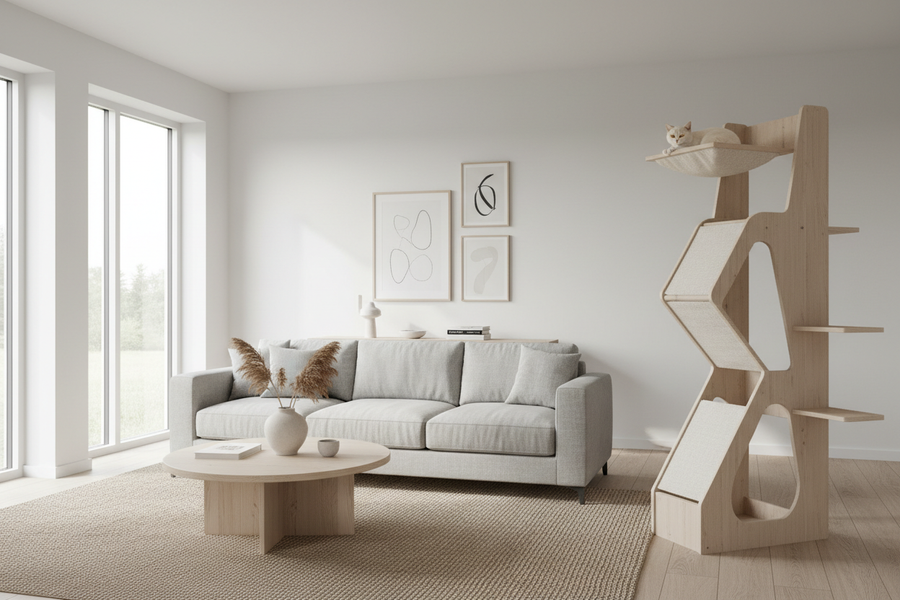 Modernes, zeitloses Wohninterieur mit klaren Linien und neutraler Farbpalette. Katzenprodukt fügt sich unauffällig und elegant in den Raum ein. Skandinavischer Stil, hochwertiges Design, reduzierte Formen, natürliche Materialien, helles Tageslicht. Stilvoll, langlebig, ruhig, nicht verspielt, clean.
