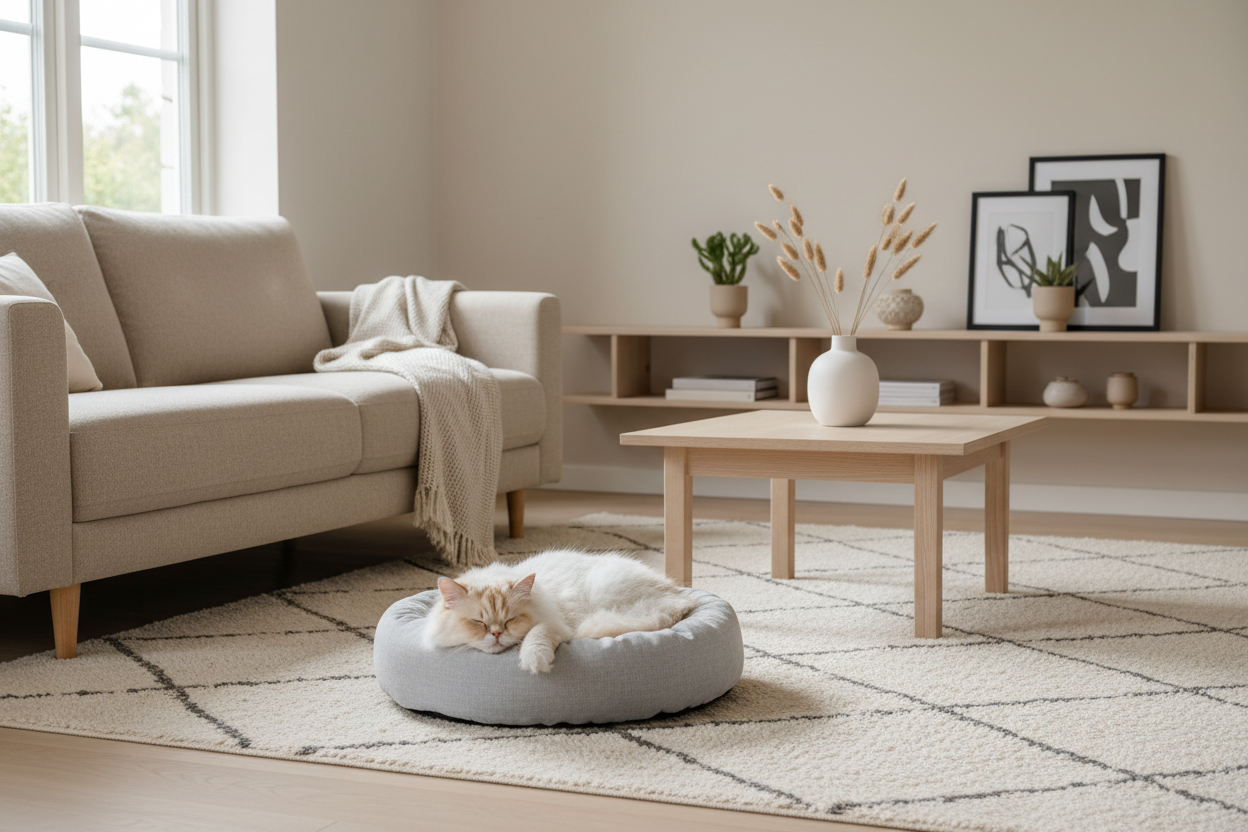 Photorealistic, calm Scandinavian living room interior with a relaxed cat sleeping in a soft round cat bed. Bright natural daylight, neutral beige and cream color palette, minimal modern furniture, light wood accents, clean and cozy atmosphere. No people, no text, no logos. Wide horizontal composition, soft shadows, high realism, editorial lifestyle photography style.