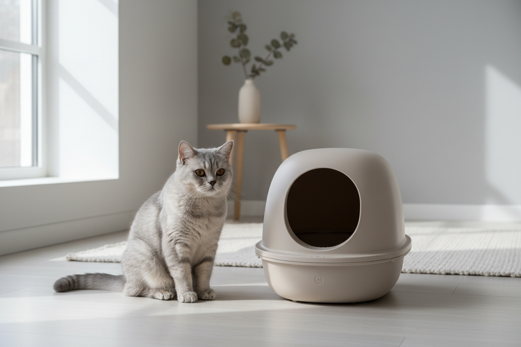 Photorealistic lifestyle photograph of an adult British Shorthair cat with short, dense fur in a calm indoor environment.
The cat is sitting or standing calmly next to a modern, closed litter box with a clean, minimalist design.
Neutral beige and light gray tones, Scandinavian interior style.
The scene feels clean, quiet, and hygienic.
Soft natural daylight, realistic shadows, high detail, natural fur texture.
Minimalist composition, no clutter, no humans, no dogs.
Premium brand look, modern and timeless ae