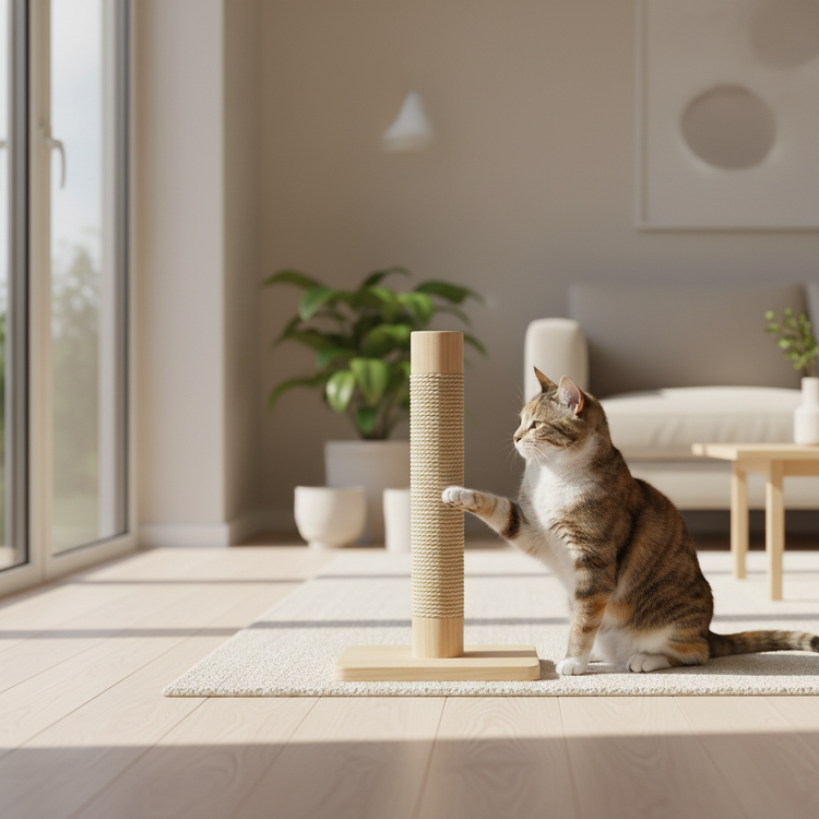 Photorealistic lifestyle photograph of an adult domestic cat in a calm, modern home environment.
The cat is interacting naturally next to a modern scratching post, gently scratching or sitting calmly beside it.
Warm beige and neutral tones, Scandinavian interior style.
Soft natural daylight, realistic shadows, high detail, natural fur texture.
Minimalist composition, no clutter, no humans, no dogs.
Premium brand look, clean and timeless aesthetic.
No text, no logos, no watermark, no AI artifacts.
Square for
