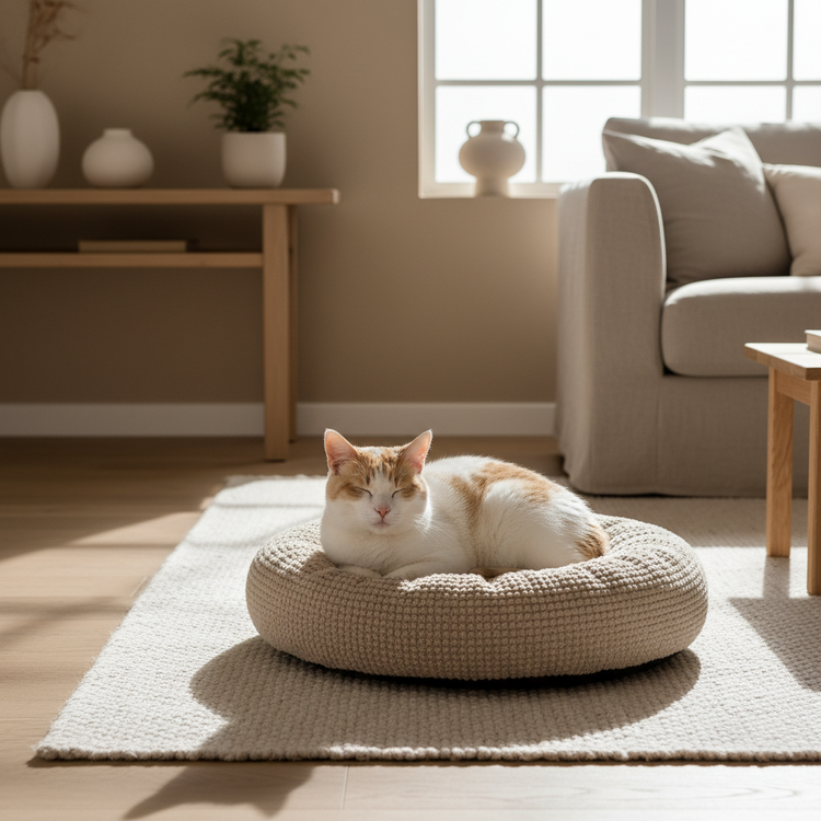 Photorealistic lifestyle photograph of an adult domestic cat in a calm, modern home environment.
The cat is relaxed and resting comfortably on a soft cat bed.
Warm beige and neutral tones, Scandinavian interior style.
Soft natural daylight, realistic shadows, high detail, natural fur texture.
Minimalist composition, no clutter, no humans, no dogs.
Premium brand look, clean and timeless aesthetic.
No text, no logos, no watermark, no AI artifacts.
Square format, realistic colors, professional photography styl