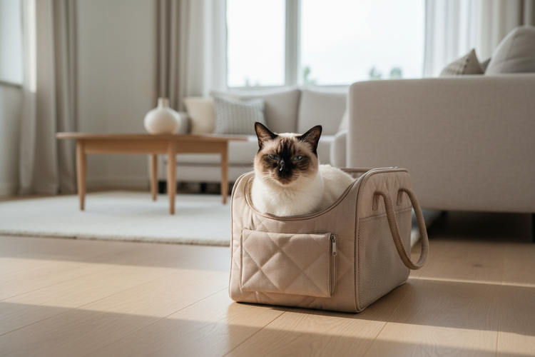 Photorealistic lifestyle photograph of an adult Siamese cat with light cream fur and darker points on ears, face, paws, and tail.
The cat is sitting calmly inside a soft-sided fabric cat carrier in a calm indoor environment.
Warm beige and neutral tones, Scandinavian interior style.
Soft natural daylight, realistic shadows, high detail, natural fur texture.
The cat looks relaxed and comfortable, elegant and calm expression.
Minimalist composition, no clutter, no humans, no dogs.
Premium brand look, clean, T