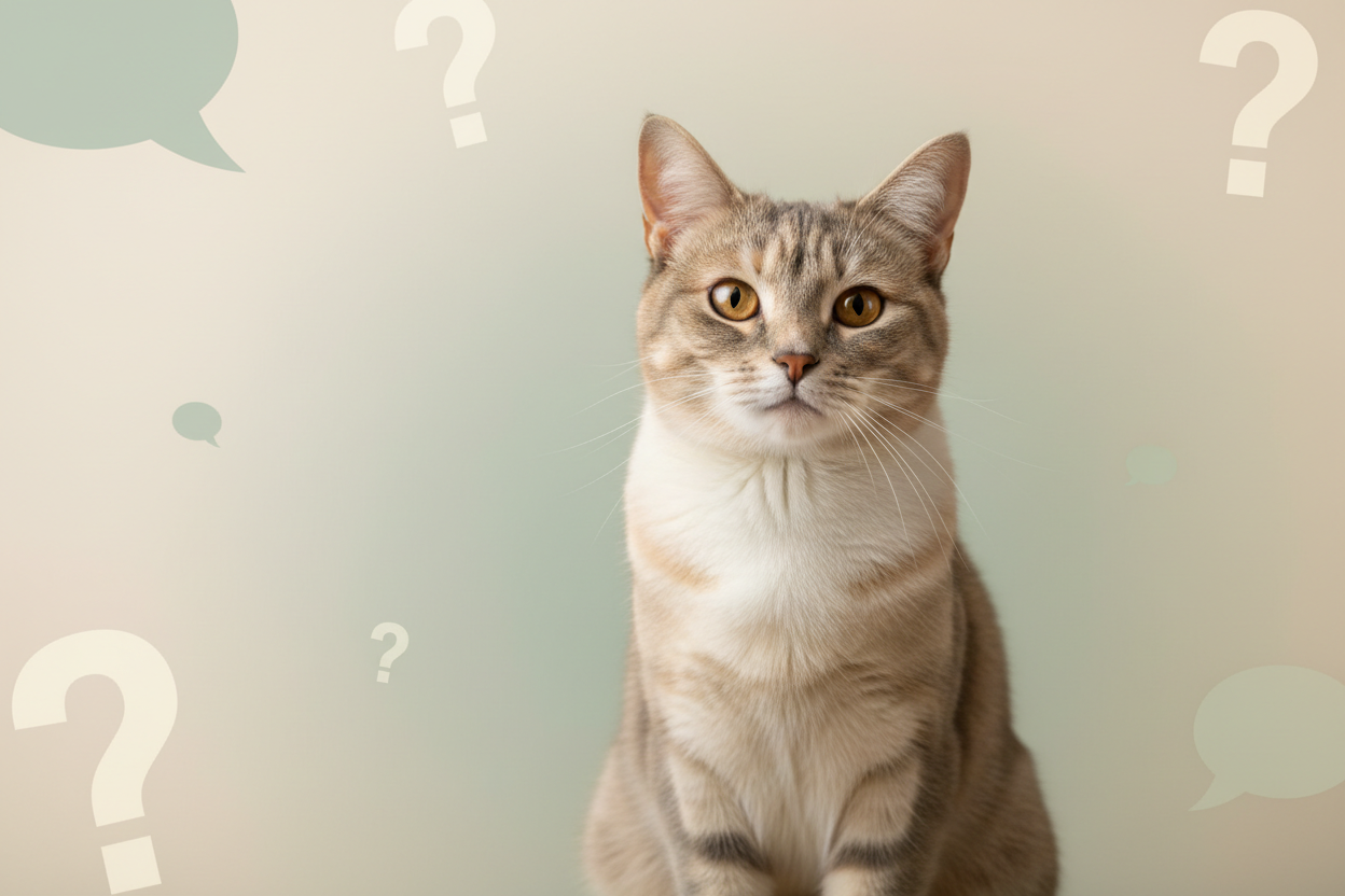Professionelles Support- und FAQ-Bild für einen Katzen-Onlineshop.
Ruhige, helle Farben (Beige, Creme, sanftes Grün).
Freundliche Katze im Vordergrund, realistisch oder leicht illustrativ, nicht verspielt, keine Comic-Optik.
Dezente Fragezeichen oder Support-Symbole im Hintergrund, sehr zurückhaltend.
Klarer Fokus auf Hilfe, Vertrauen und Kundenservice.
Weicher Hintergrund mit viel Platz für Text, gute Lesbarkeit.
Keine Menschen, kein Text im Bild, kein Logo, keine Marken.